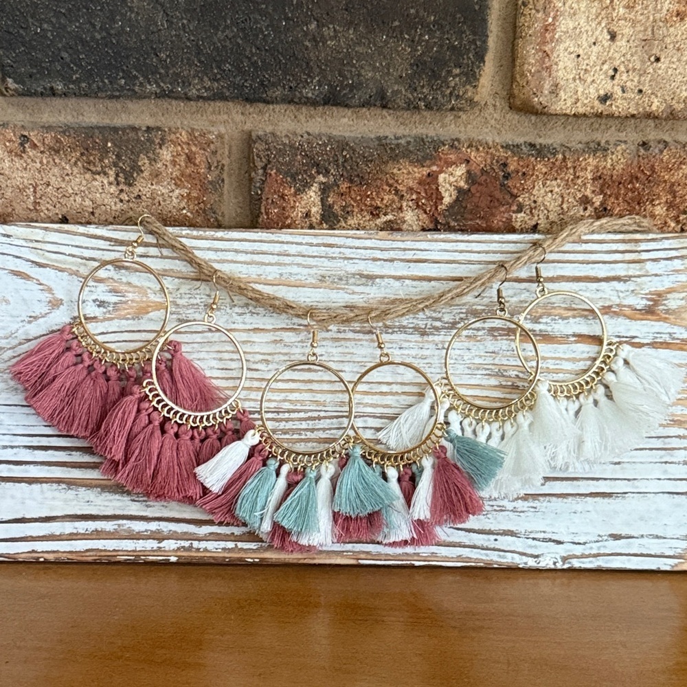 Tassel boho hoop gold tone earring collection rose pink, white and multi color